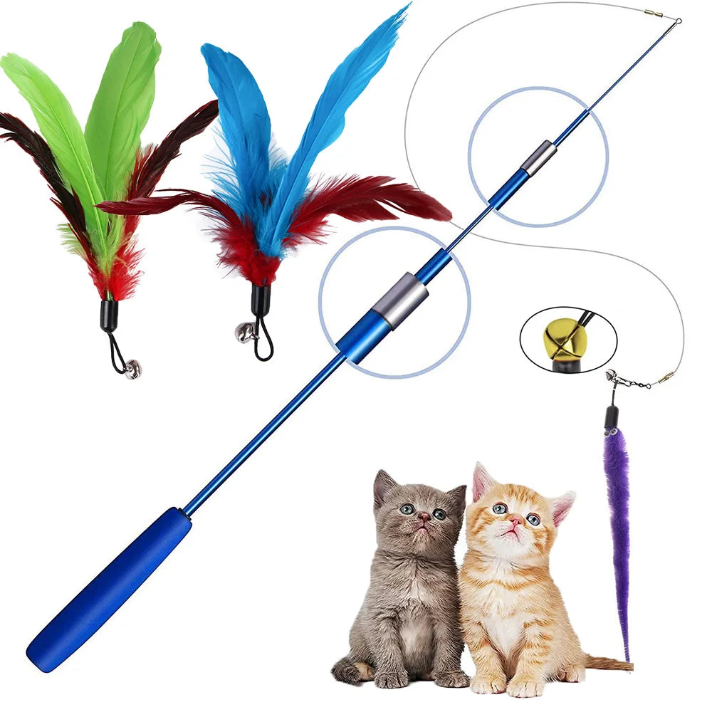 Cat Interactive Toy Feather Teaser Stick Wand  Retractable Feather Bell Refill