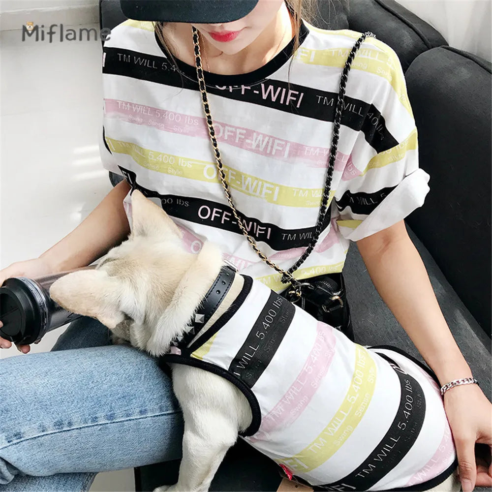 Cotton Cat Dog Clothing French Bulldog Corky Teddy Striped Print Pet T-shirt Dog And Owner Matching Outfits