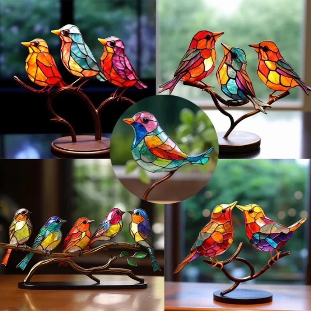 2024 New Stained Glass Birds on Branch Desktop Ornaments