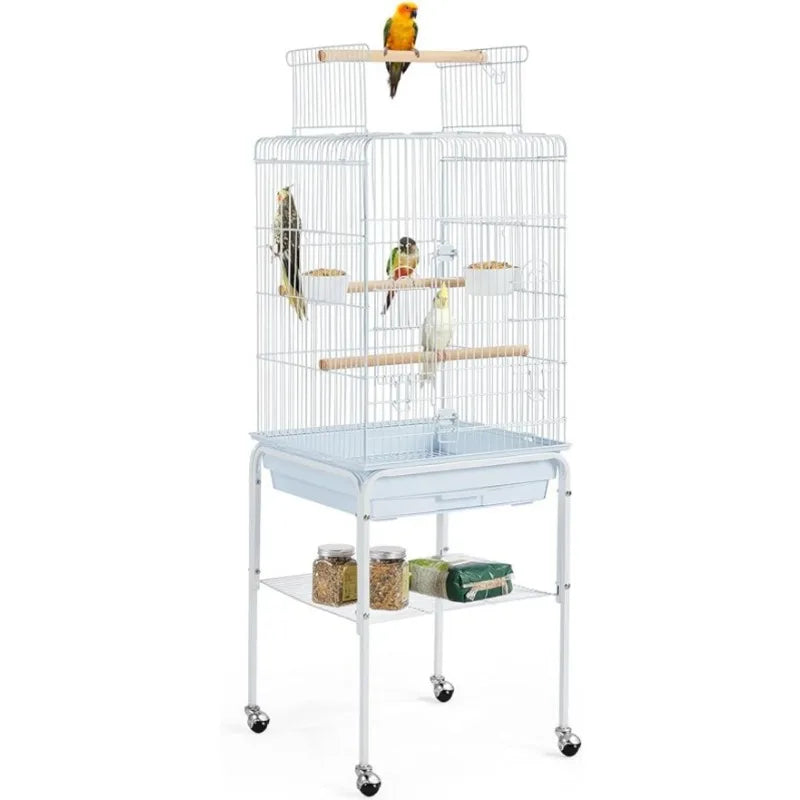 Play Open Top Parrot Bird Cage w/Detachable Rolling Stand, White