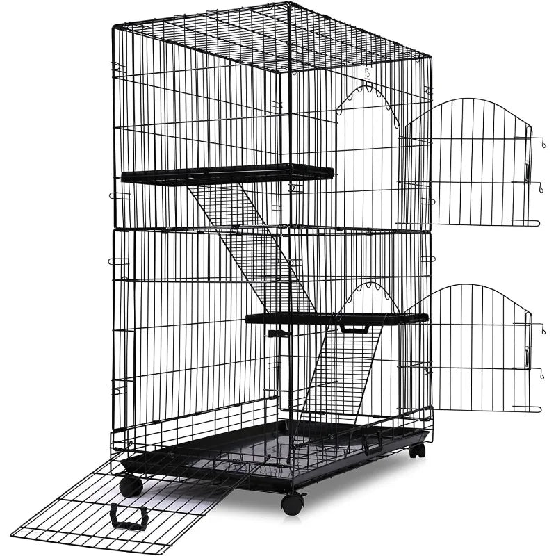 Folding Wire Cat Ferret Habitat Crate with Casters,Collapsible|Foldable|Lockable Tray and Hammock, 30",