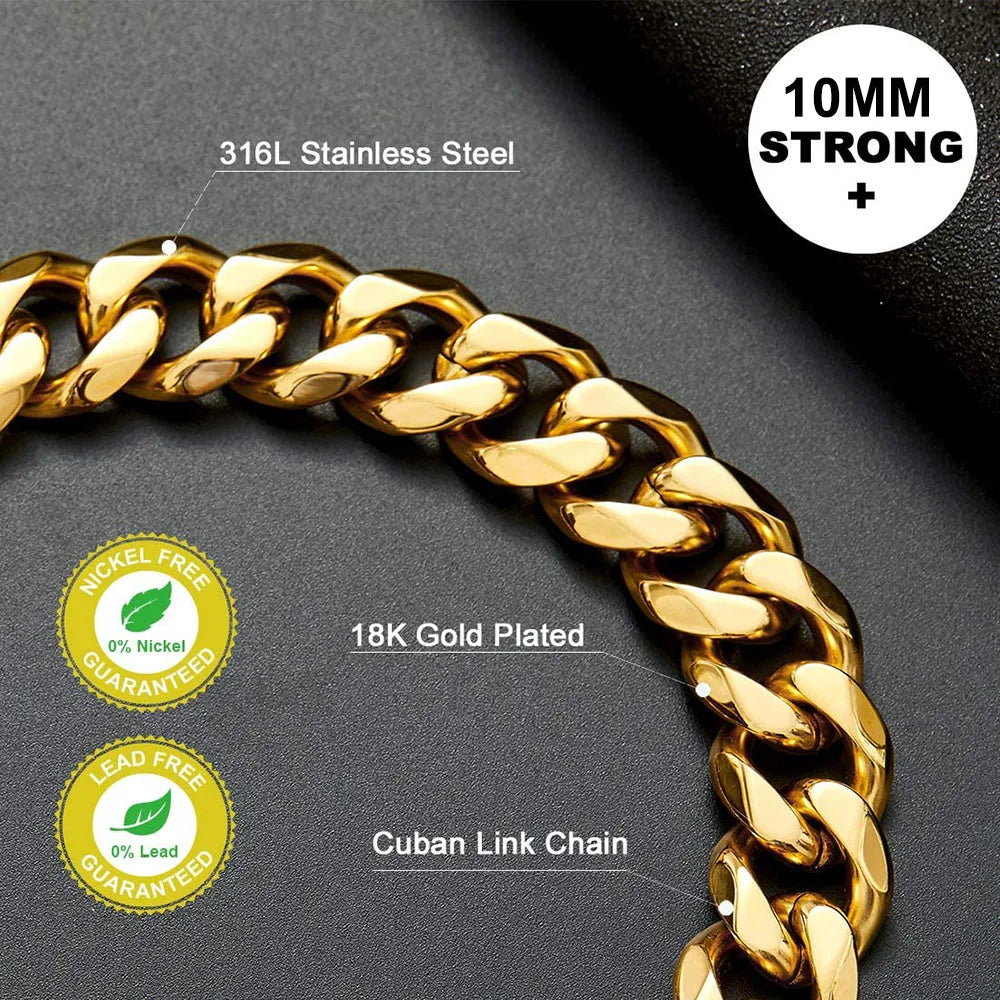 Chain Dog Collar 18K Gold Cuban Link Chain Stainless Steel Metal Links 10MM Heavy & Duty