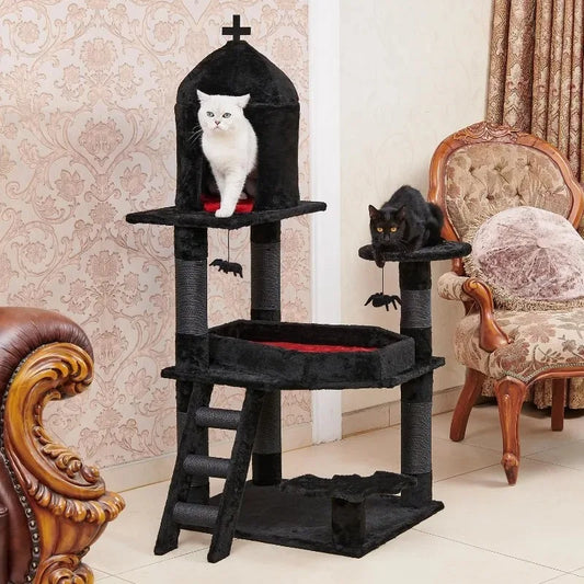 Gothic Cat Tree with Coffin Bed，55" Cat Tower  Spacious Cat Condo,Scratching Posts，