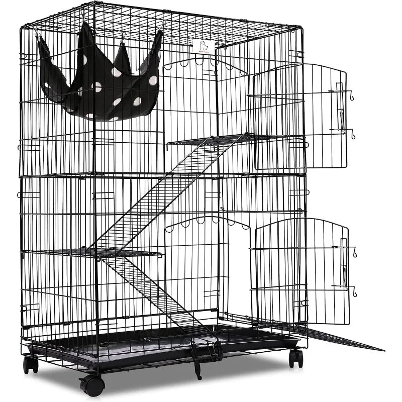 Folding Wire Cat Ferret Habitat Crate with Casters,Collapsible|Foldable|Lockable Tray and Hammock, 30",