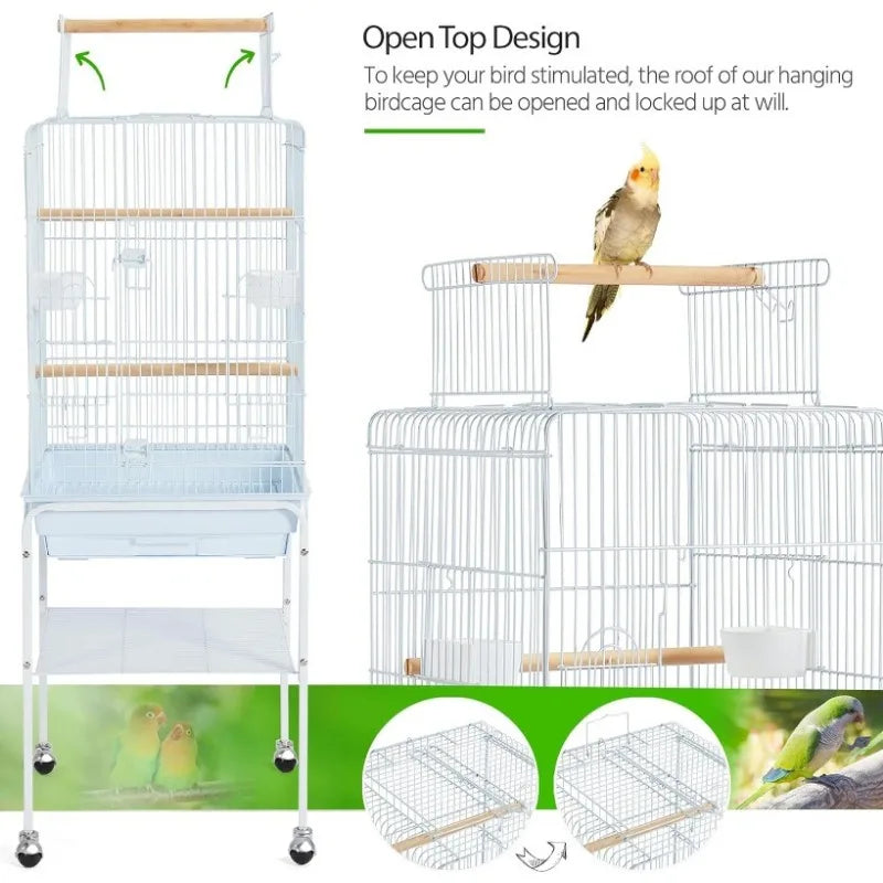 Play Open Top Parrot Bird Cage w/Detachable Rolling Stand, White