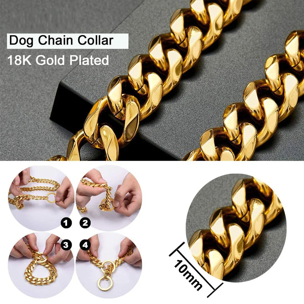 Chain Dog Collar 18K Gold Cuban Link Chain Stainless Steel Metal Links 10MM Heavy & Duty