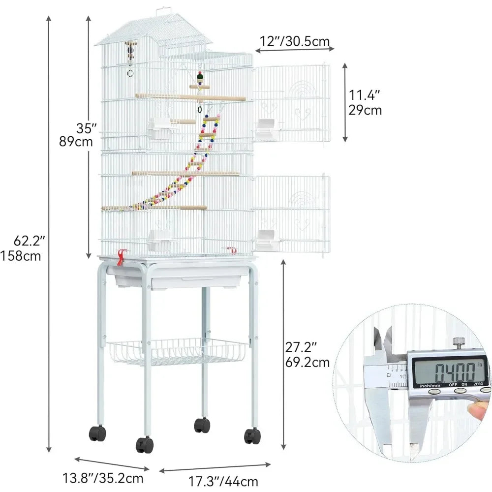 62 inch Metal Bird Cage, Large Cages with Roof Top, Rolling Stand