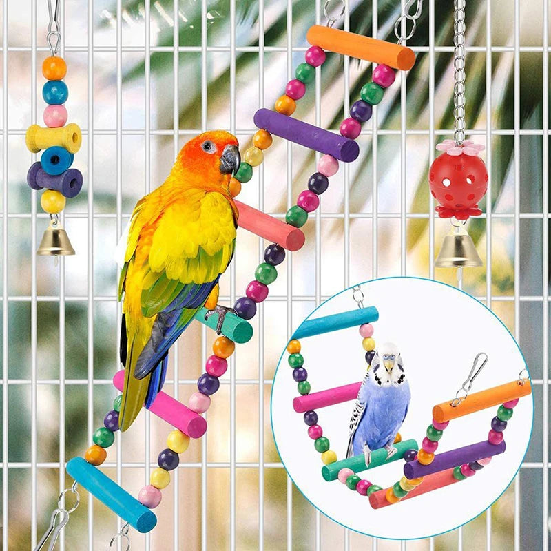 Bird Cage Toys for Parrots Wood Swing Reliable Chewable Bite Bridge Wooden Beads  11pcs Bird Toys