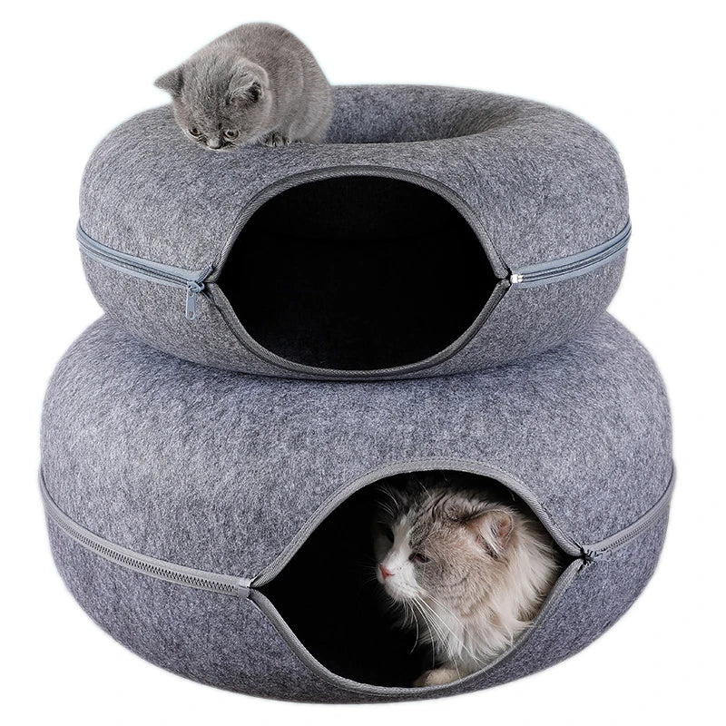 Donut Cat Tunnel Bed  Natural Felt Pet Cat Cave  Round Wool Felt