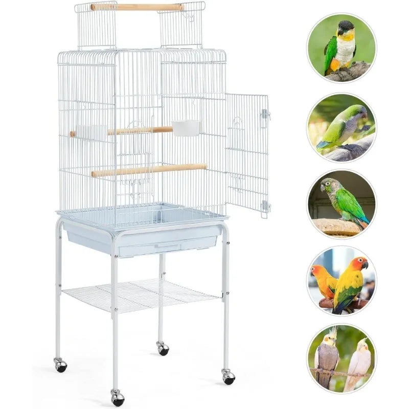 Play Open Top Parrot Bird Cage w/Detachable Rolling Stand, White