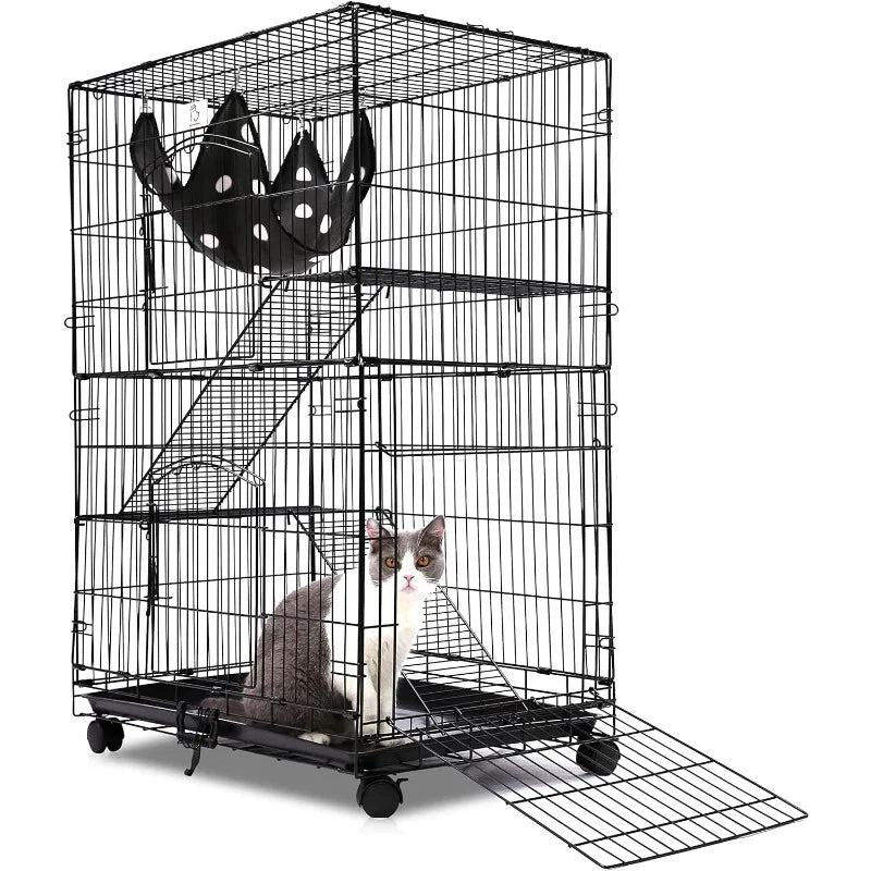 Folding Wire Cat Ferret Habitat Crate with Casters,Collapsible|Foldable|Lockable Tray and Hammock, 30",