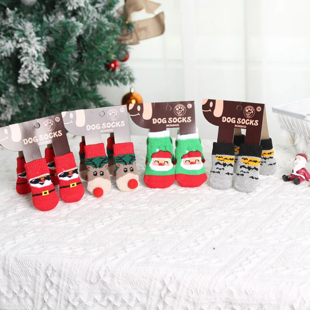 4pcs Winter Dog Socks Christmas Small Cat Knit Warm Socks Dog Anti-Slip Sock