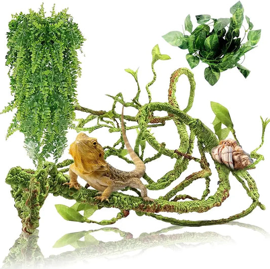 Flexible Plastic Leaves Hanging for Reptile Bendable Jungle Climbing Vine,