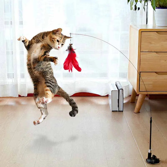 Cat Toy  Fluffy Feather With Bell Cat Stick Toy Interactive Detachable Teaser