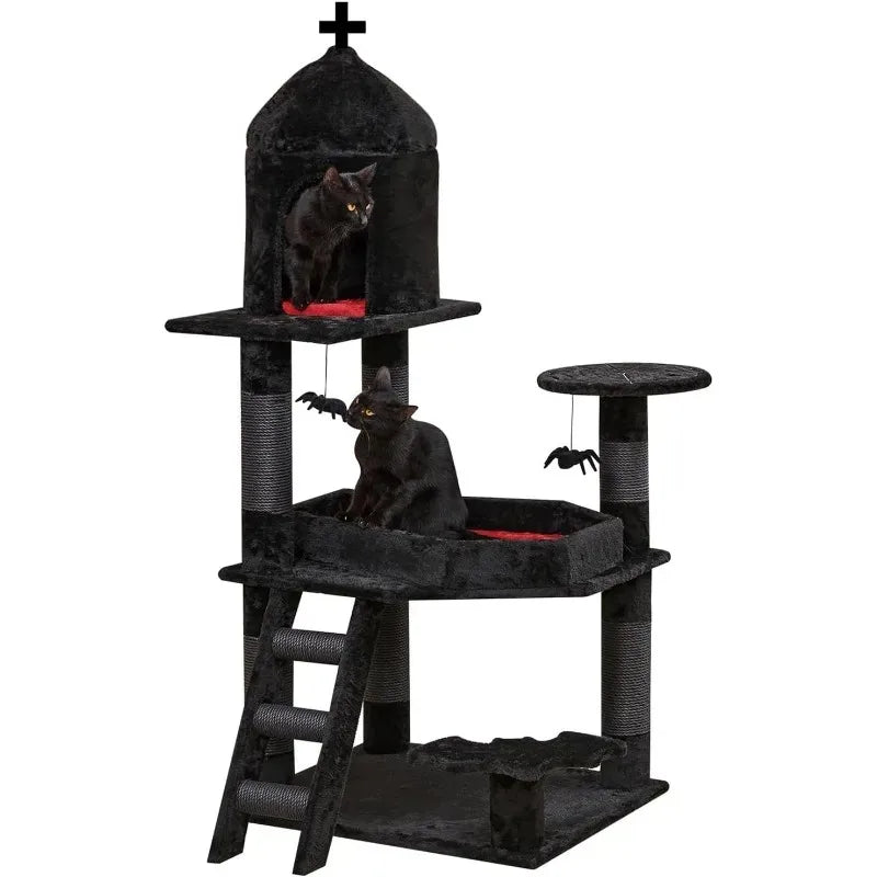 Gothic Cat Tree with Coffin Bed，55" Cat Tower  Spacious Cat Condo,Scratching Posts，