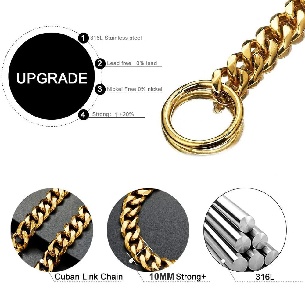 Chain Dog Collar 18K Gold Cuban Link Chain Stainless Steel Metal Links 10MM Heavy & Duty