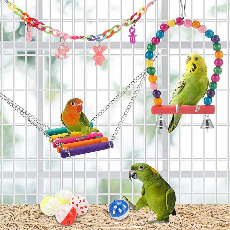 Bird Cage Toys for Parrots Wood Swing Reliable Chewable Bite Bridge Wooden Beads  11pcs Bird Toys