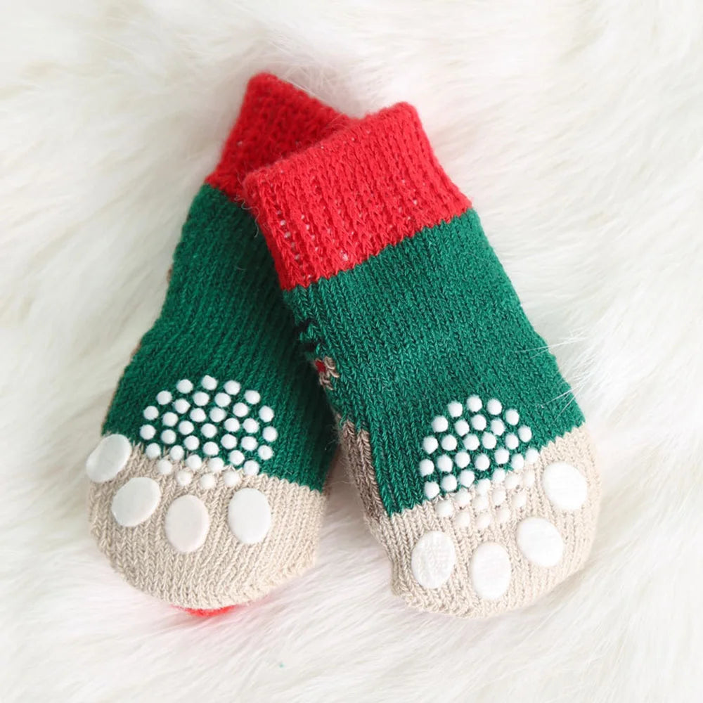 4pcs Winter Dog Socks Christmas Small Cat Knit Warm Socks Dog Anti-Slip Sock