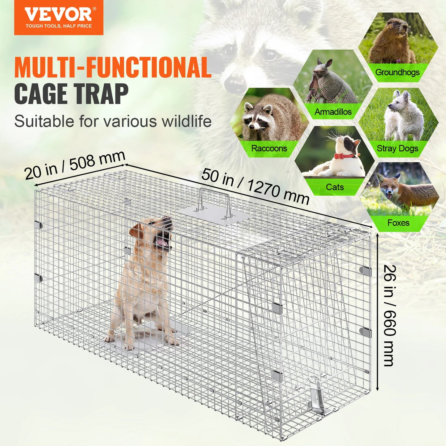 VEVOR 24/31/42/50in Live Animal Cage Trap Folding Humane Cat Trap Galvanized Iron with Handle for Rabbits Squirrels Groundhogs