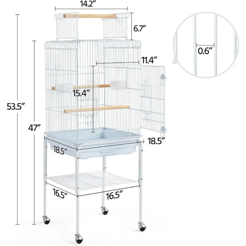 Play Open Top Parrot Bird Cage w/Detachable Rolling Stand, White