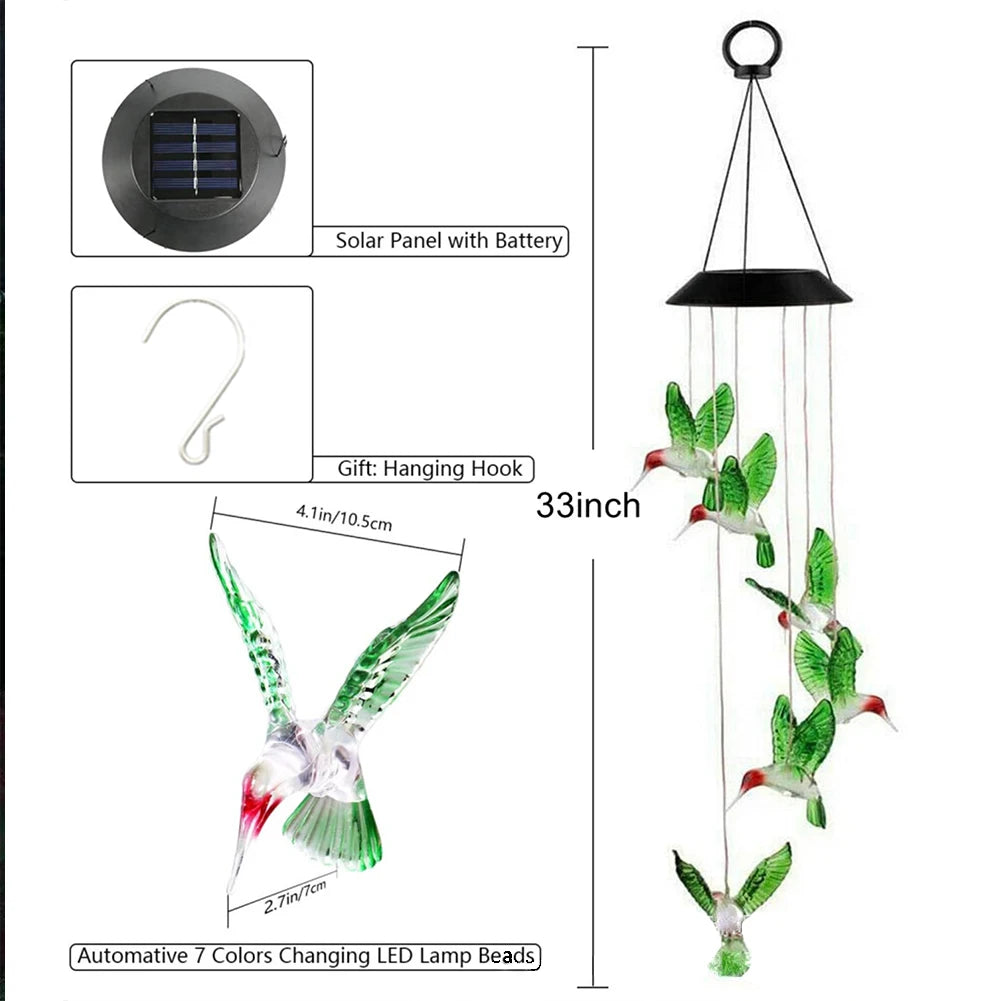 Hummingbird Wind Chime Hanging LED Solar Wind Chime Automatic Light 7 Colors-changing