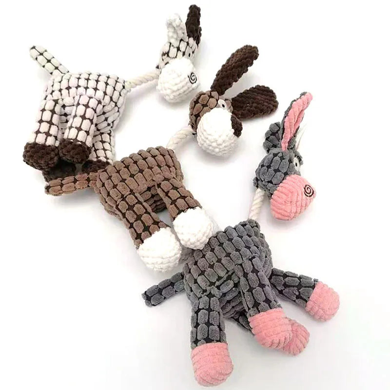 Donkey Shape Corduroy Chew Toy Squeaker Plush Bone Molar Dog Toy