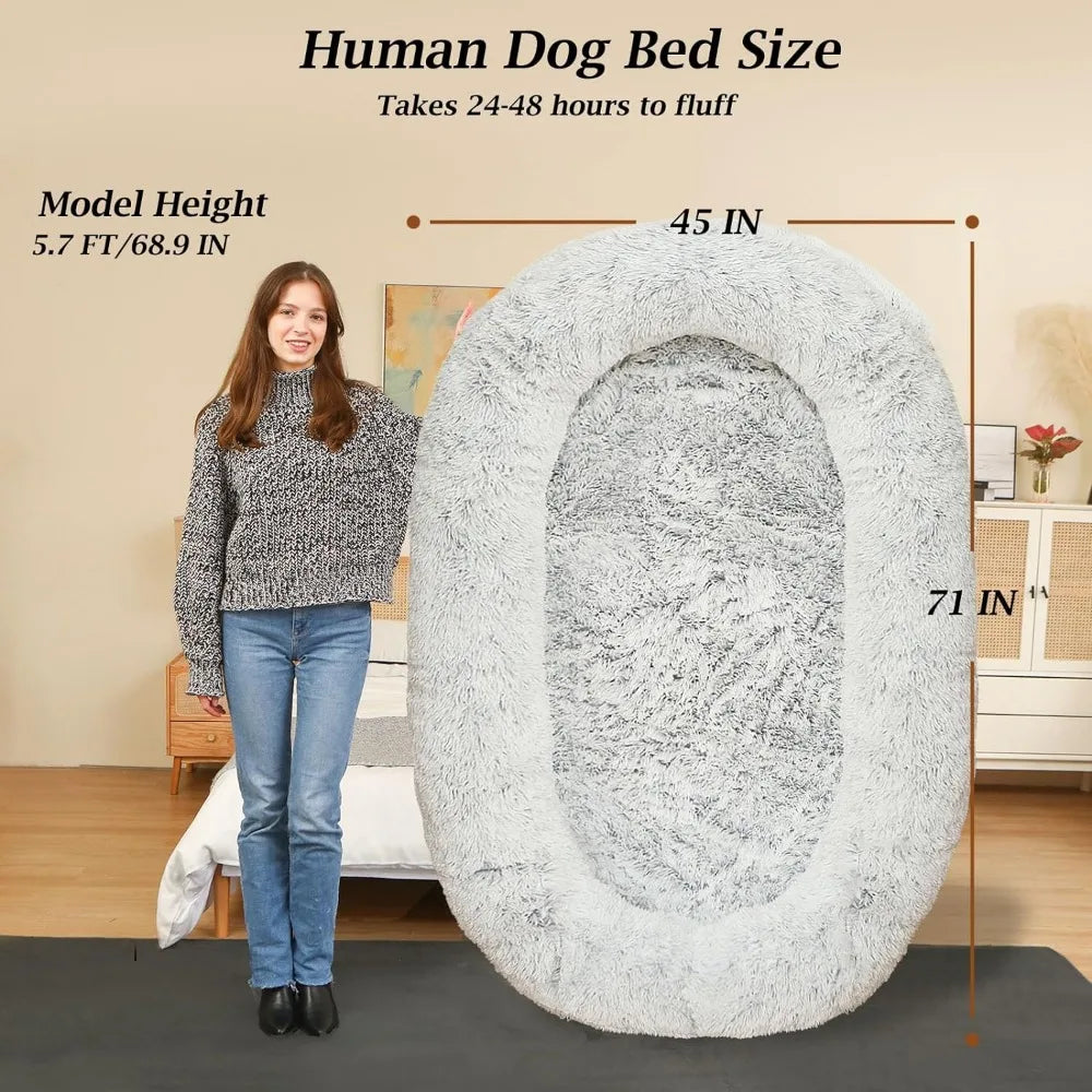 Big Dog Bed for Humans Napping With Blanket - Grey Faux Fur Plush Dog Bed for Human Adults Doze Off