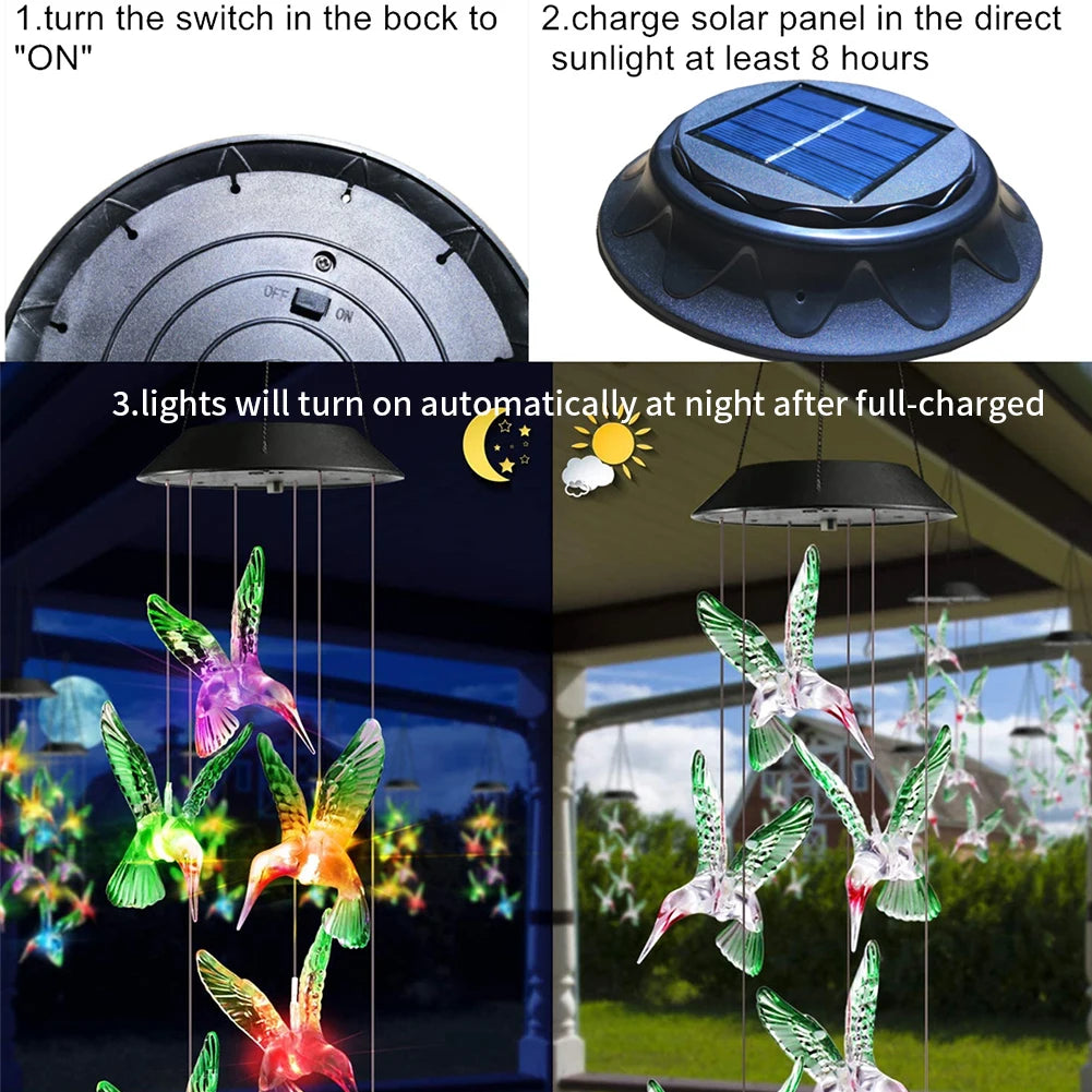 Hummingbird Wind Chime Hanging LED Solar Wind Chime Automatic Light 7 Colors-changing