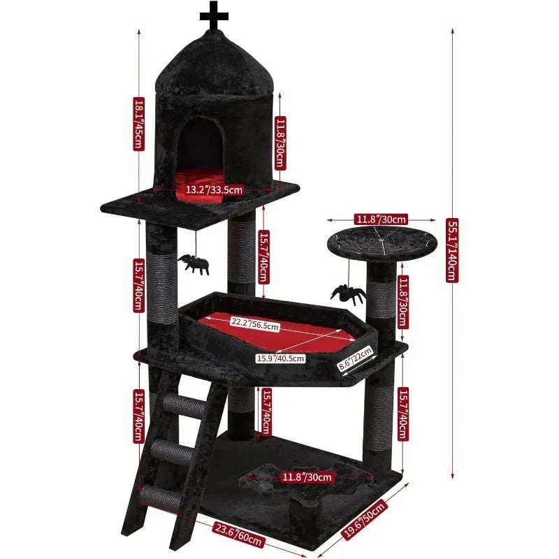 Gothic Cat Tree with Coffin Bed，55" Cat Tower  Spacious Cat Condo,Scratching Posts，