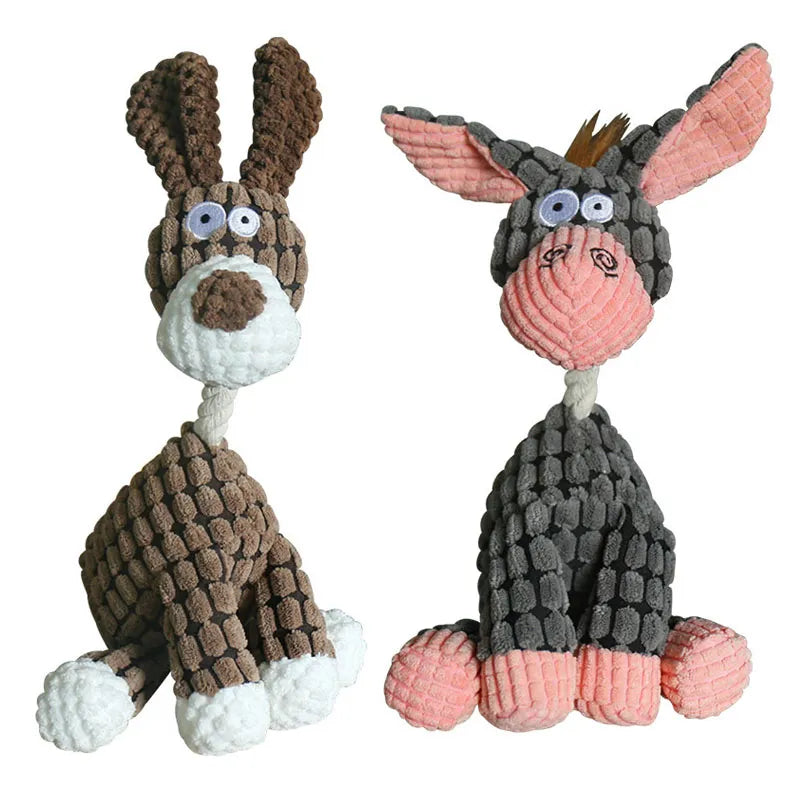 Donkey Shape Corduroy Chew Toy Squeaker Plush Bone Molar Dog Toy