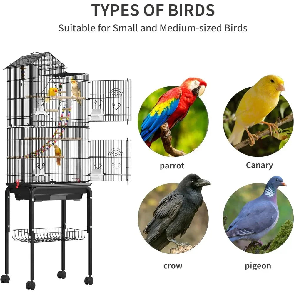 62 inch Metal Bird Cage, Large Cages with Roof Top, Rolling Stand