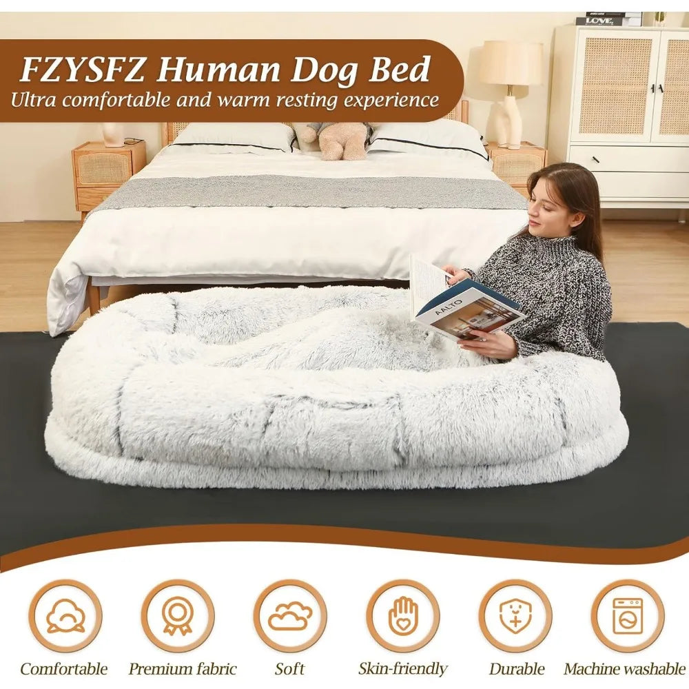 Big Dog Bed for Humans Napping With Blanket - Grey Faux Fur Plush Dog Bed for Human Adults Doze Off