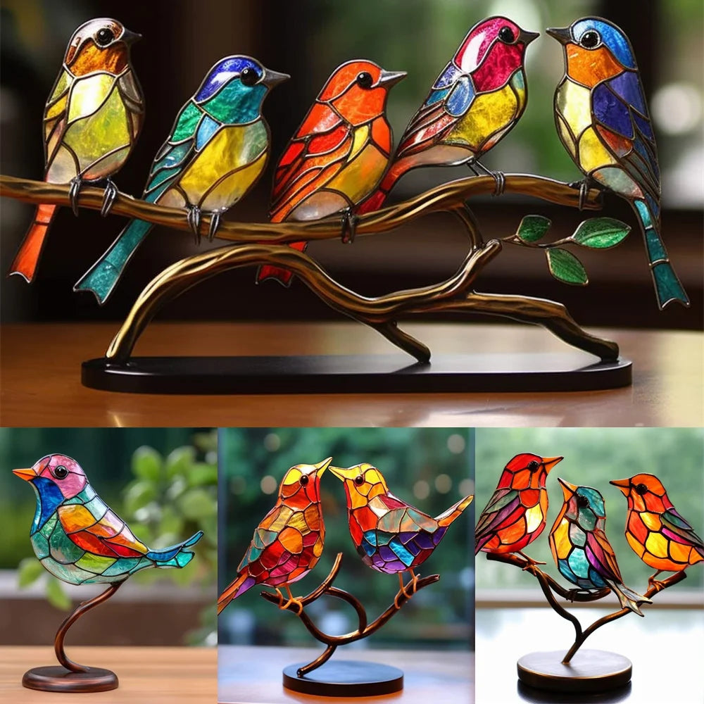 2024 New Stained Glass Birds on Branch Desktop Ornaments