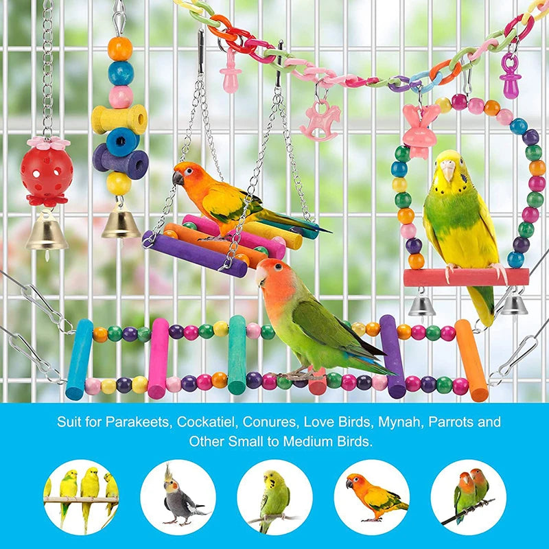 Bird Cage Toys for Parrots Wood Swing Reliable Chewable Bite Bridge Wooden Beads  11pcs Bird Toys