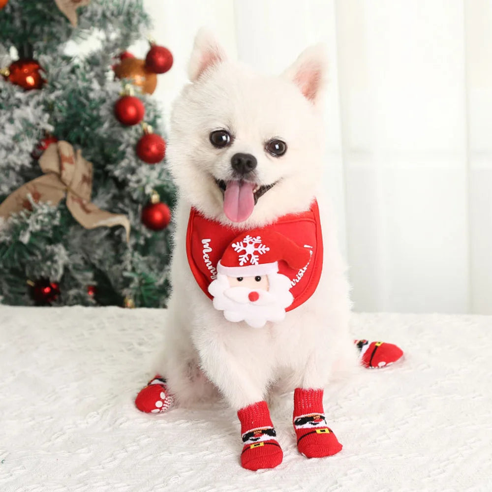 4pcs Winter Dog Socks Christmas Small Cat Knit Warm Socks Dog Anti-Slip Sock