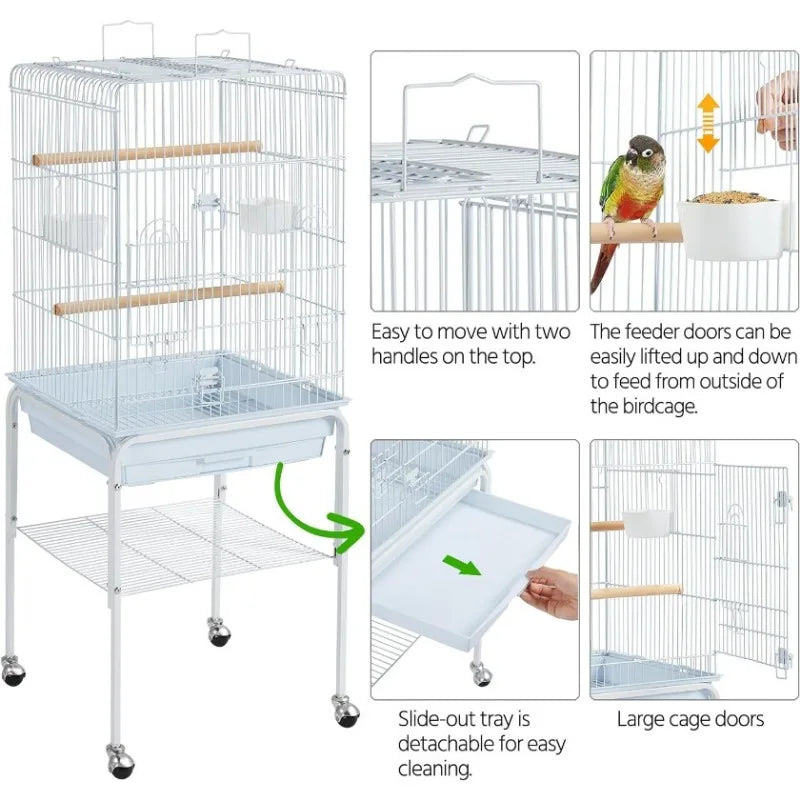 Play Open Top Parrot Bird Cage w/Detachable Rolling Stand, White