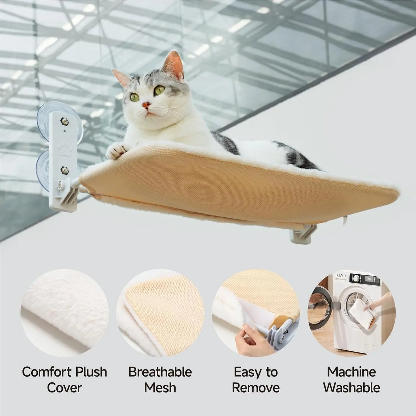 Cat Window Perch Foldable with Steel Frame and Strong Suction Cup Mount White M-52x30x20cm