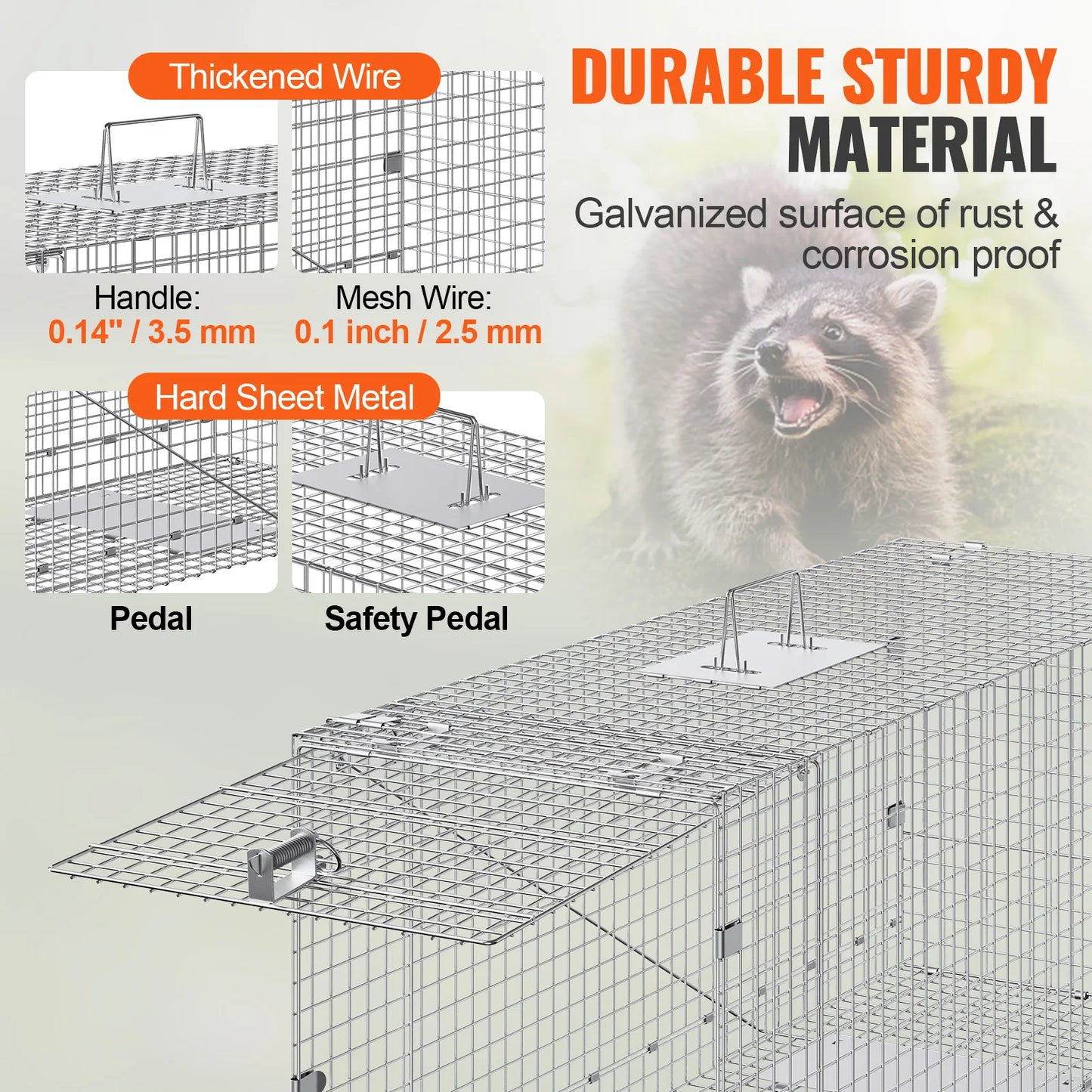 VEVOR 24/31/42/50in Live Animal Cage Trap Folding Humane Cat Trap Galvanized Iron with Handle for Rabbits Squirrels Groundhogs