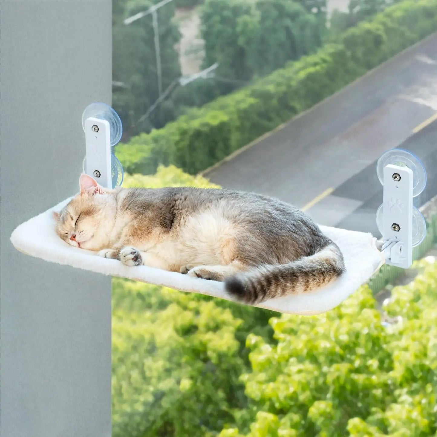 Cat Window Perch Foldable with Steel Frame and Strong Suction Cup Mount White M-52x30x20cm