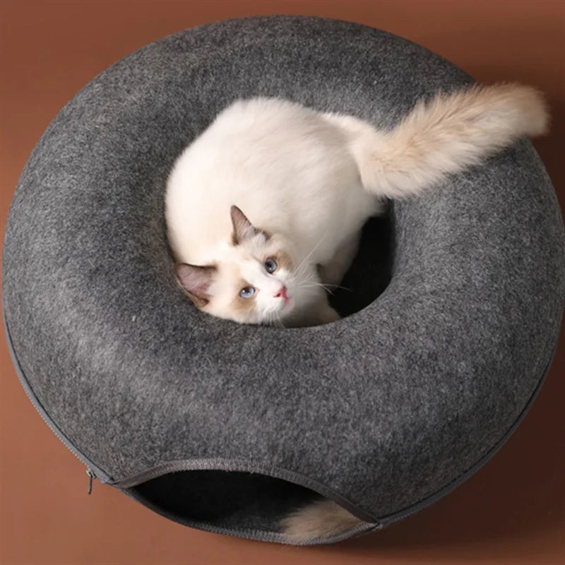 Donut Cat Tunnel Bed  Natural Felt Pet Cat Cave  Round Wool Felt