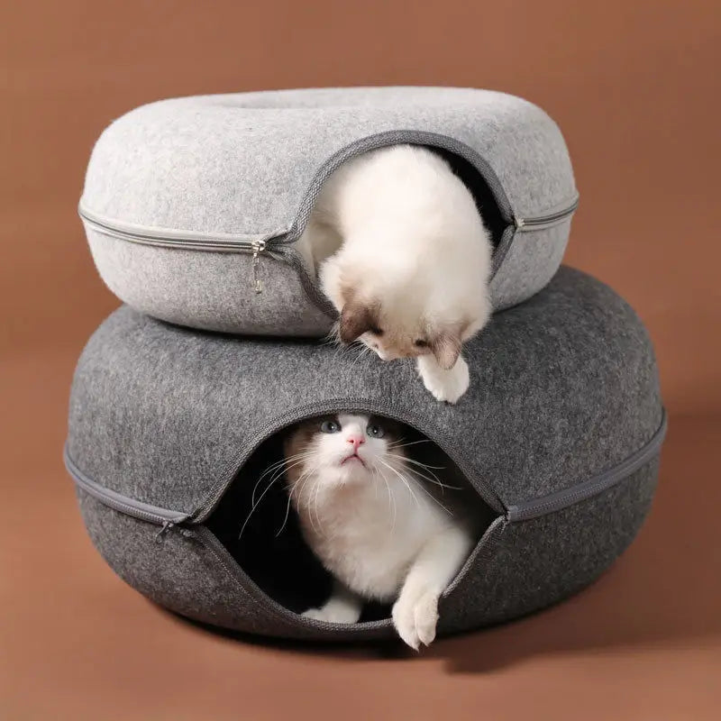 Donut Cat Tunnel Bed  Natural Felt Pet Cat Cave  Round Wool Felt