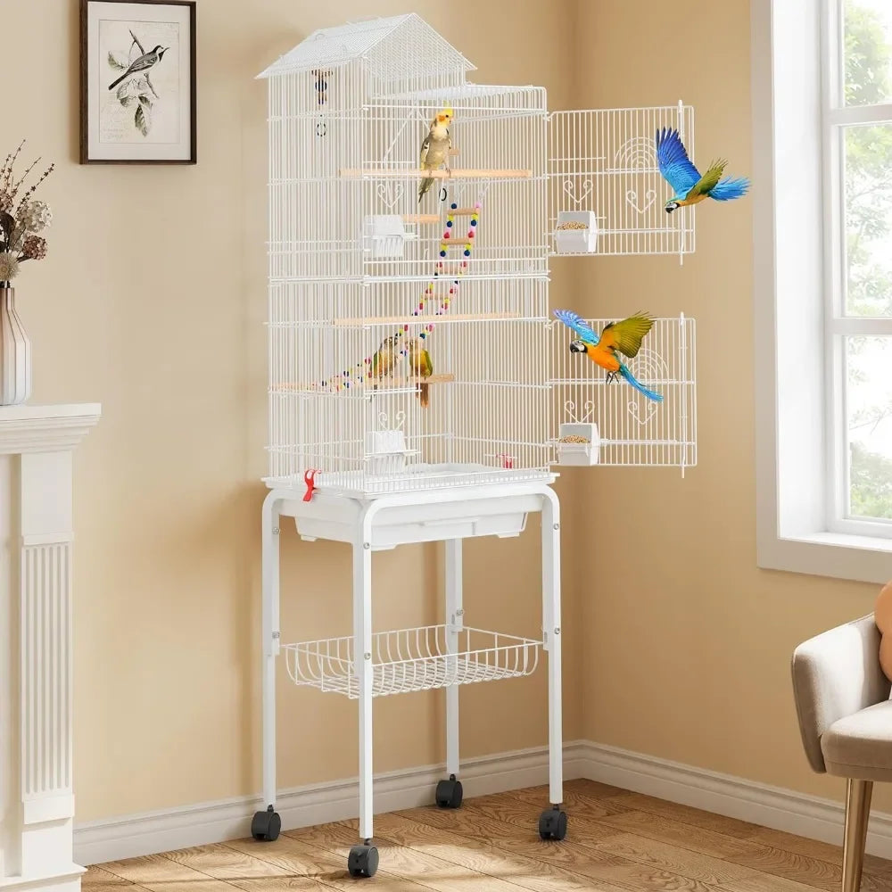 62 inch Metal Bird Cage, Large Cages with Roof Top, Rolling Stand