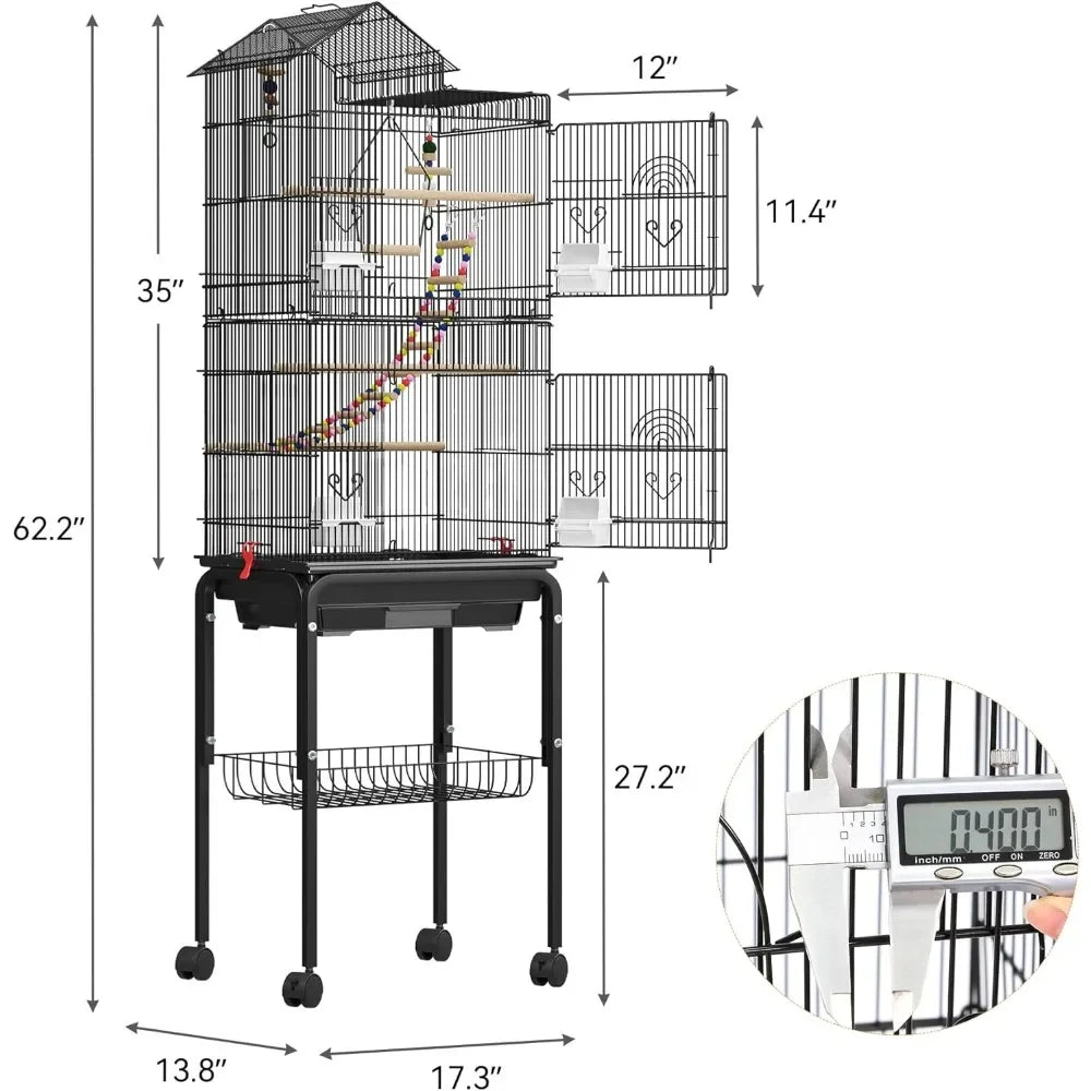 62 inch Metal Bird Cage, Large Cages with Roof Top, Rolling Stand