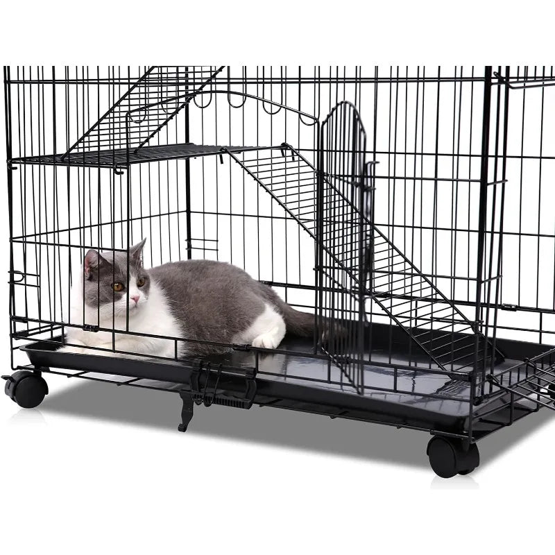 Folding Wire Cat Ferret Habitat Crate with Casters,Collapsible|Foldable|Lockable Tray and Hammock, 30",