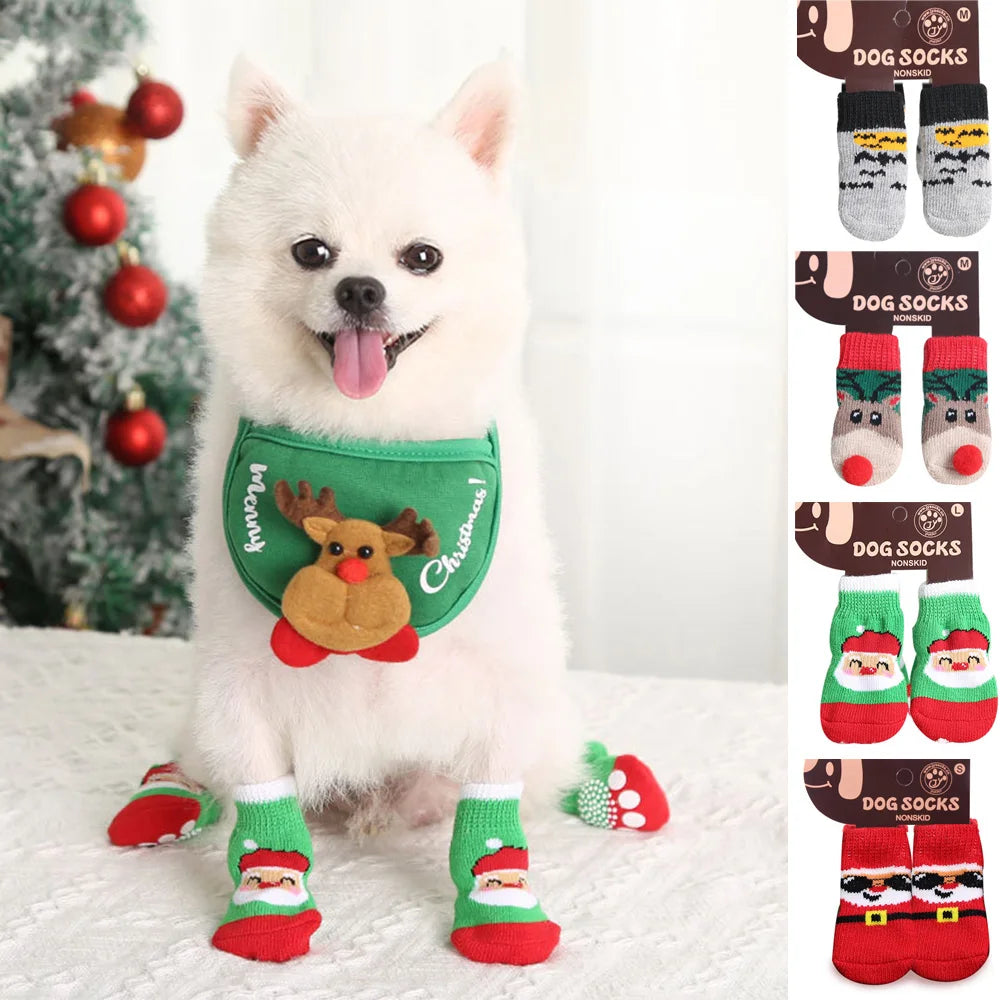 4pcs Winter Dog Socks Christmas Small Cat Knit Warm Socks Dog Anti-Slip Sock