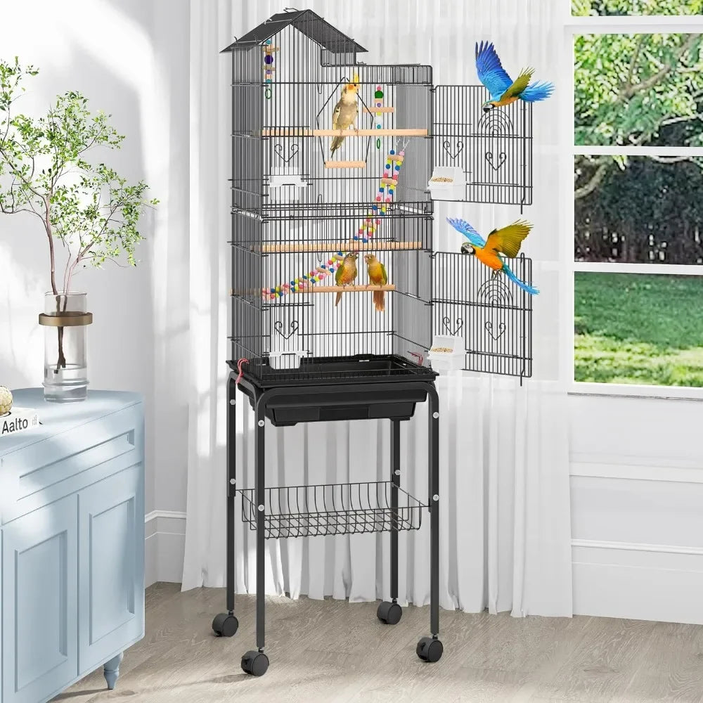 62 inch Metal Bird Cage, Large Cages with Roof Top, Rolling Stand