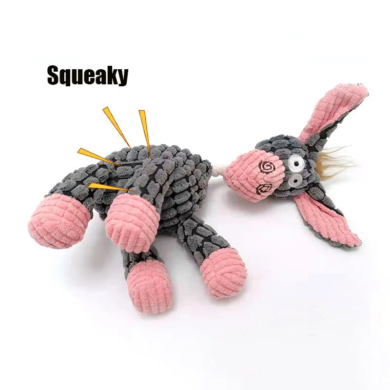 Donkey Shape Corduroy Chew Toy Squeaker Plush Bone Molar Dog Toy