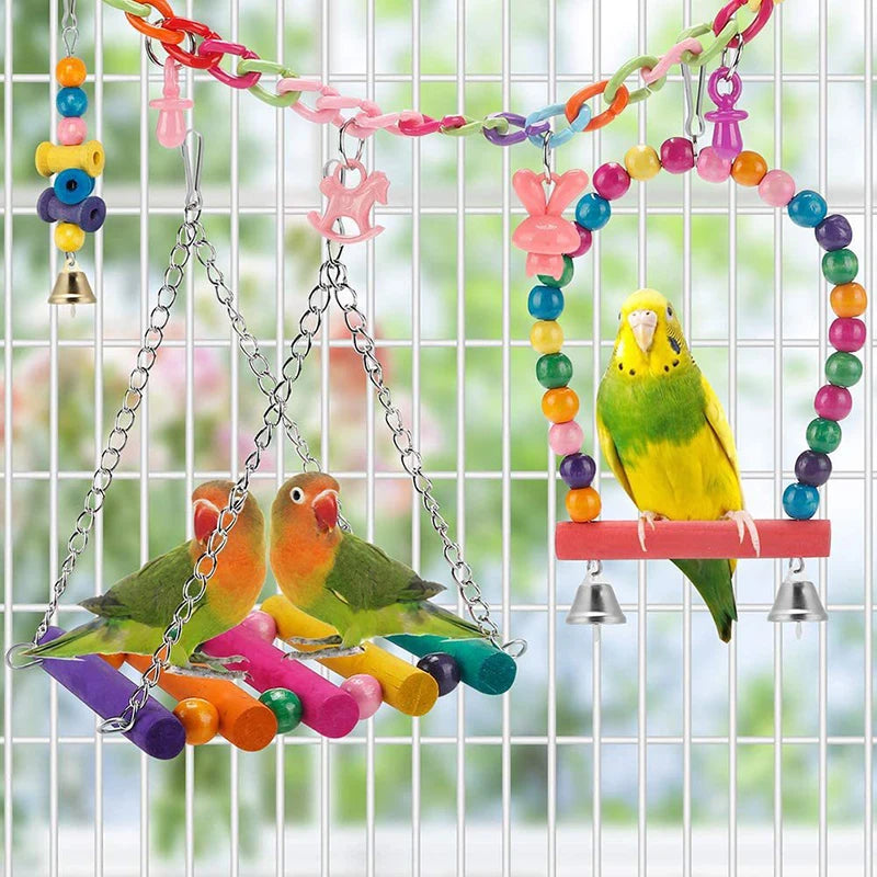 Bird Cage Toys for Parrots Wood Swing Reliable Chewable Bite Bridge Wooden Beads  11pcs Bird Toys