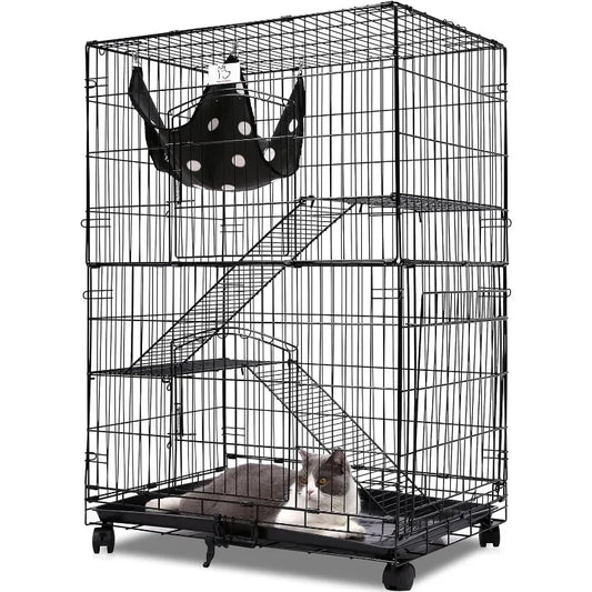 Folding Wire Cat Ferret Habitat Crate with Casters,Collapsible|Foldable|Lockable Tray and Hammock, 30",