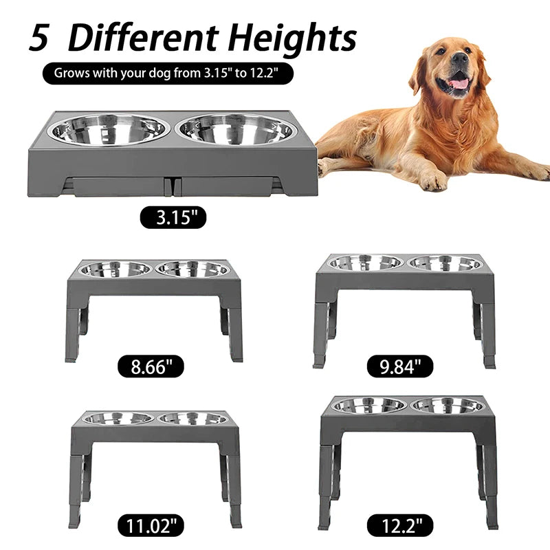 Elevated Dog Bowls 5 Adjustable Heights with Slow Feeder Bowl